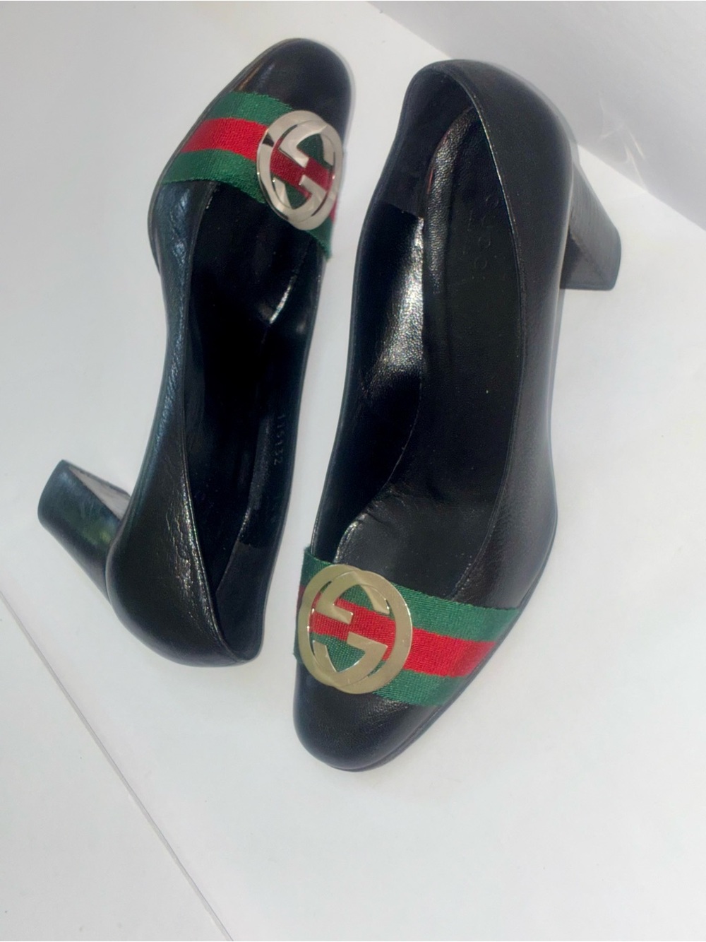 Gucci Marmont GG Logo Web Stripe Heels Black Leather Block Heel Pumps Size 7.5 M - Picture 7 of 9